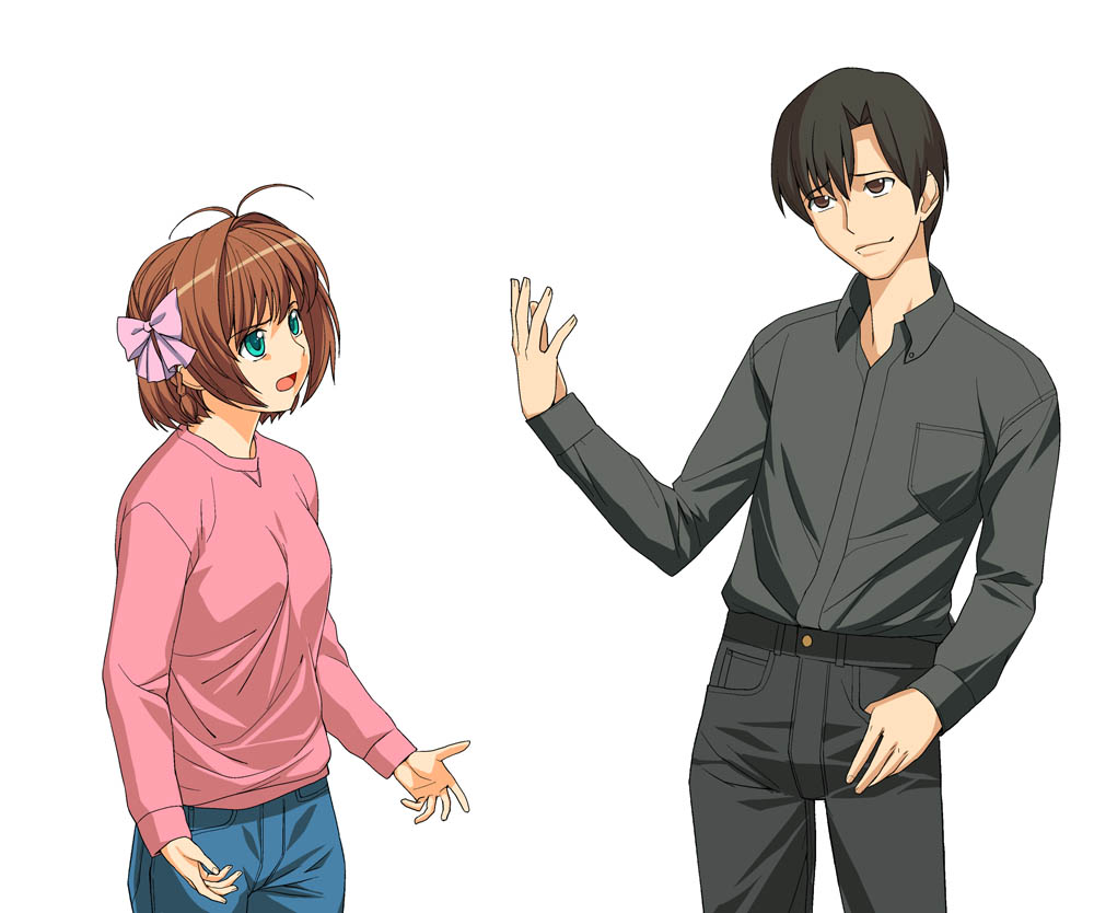 00s 1boy 1girl a1 arguing casual kimi_ga_nozomu_eien narumi_takayuki suzumiya_haruka white_background