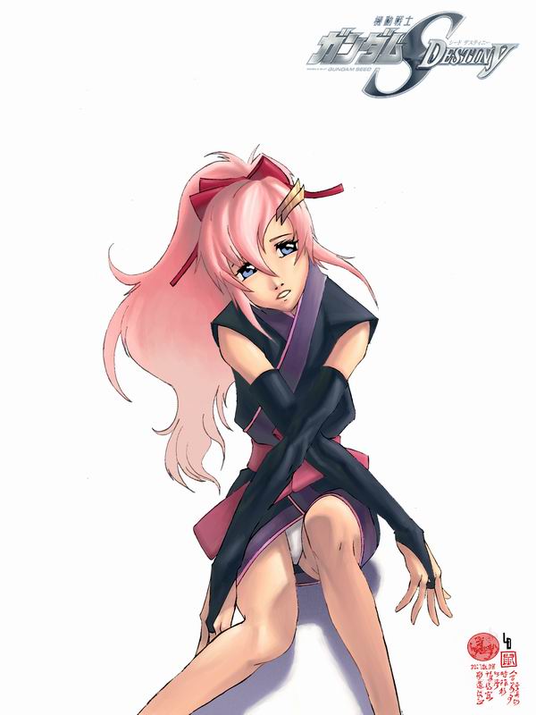 00s 1girl black_dress blush bow detached_sleeves dress gundam gundam_seed gundam_seed_destiny hair_bow head_tilt lacus_clyne long_sleeves looking_at_viewer panties pantyshot pantyshot_(sitting) pink_hair ponytail red_bow simple_background sitting smile solo underwear white_background white_panties