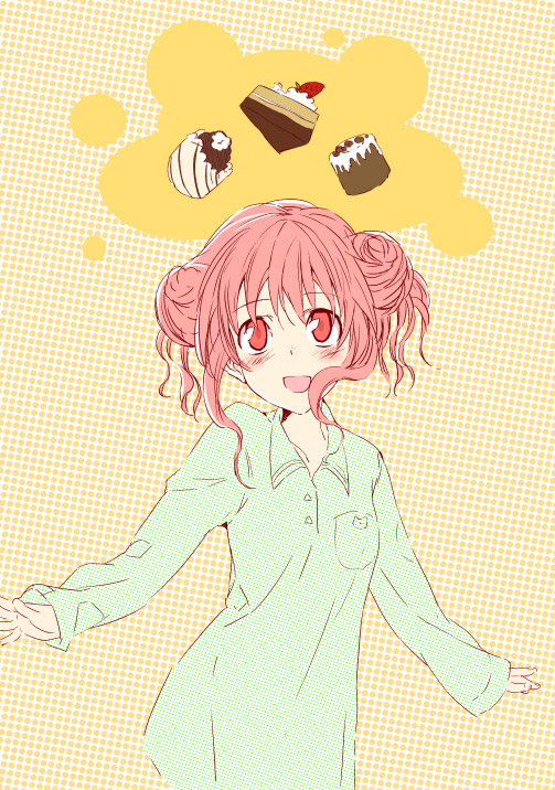 1girl cake double_bun food hair_bun hidamari_sketch hiro long_sleeves morii_shizuki open_mouth pajamas pastry pink_eyes pink_hair solo thought_bubble