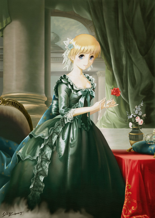 1girl baroque blonde_hair blue_eyes chronicle_2nd column curtains dress eri_(artist) flower green_dress hair_flower hair_ornament hair_ribbon indoors lace lace-trimmed_dress looking_at_viewer pillar portrait red_rose ribbon rose signature smile solo sound_horizon table vase