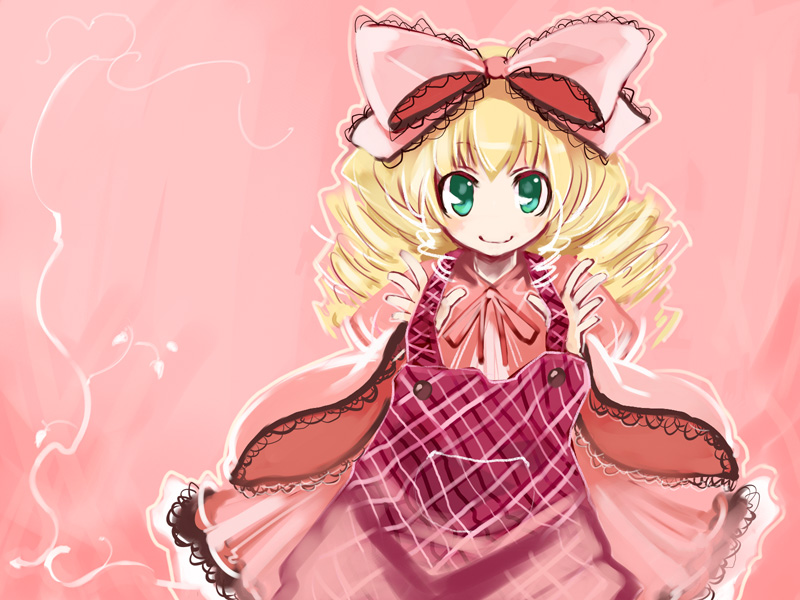 00s 1girl apron blonde_hair bow closed_mouth dress frills hair_bow hina_ichigo long_hair long_sleeves looking_at_viewer pink_background pink_bow red_dress rozen_maiden simple_background smile solo twintails ushiki_yoshitaka wide_sleeves