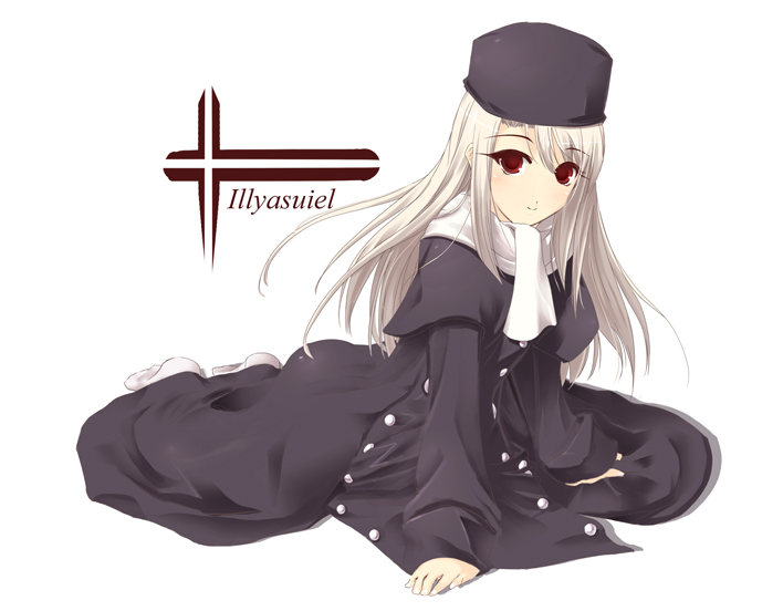 1girl albino arm_support bangs blush buttons capelet double-breasted dress eyebrows eyebrows_visible_through_hair fate/stay_night fate_(series) full_body hat illyasviel_von_einzbern long_hair long_sleeves no_shoes red_eyes satomi scarf simple_background smile solo swept_bangs tagme text white_background white_hair white_legwear white_scarf