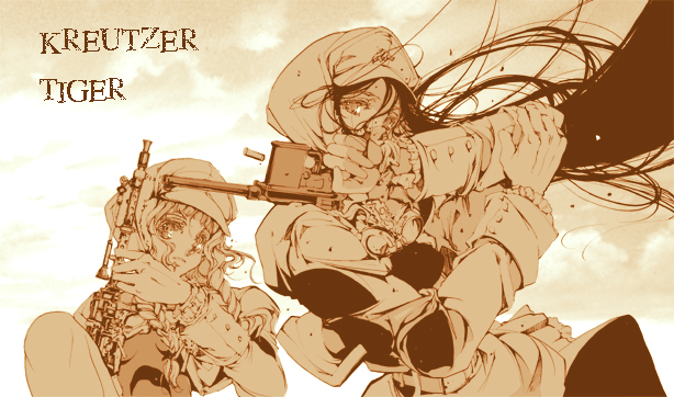 2girls belt black_hair braid clouds endou_okito firing floating_hair frills frown gloves goggles goggles_around_neck gradient gradient_background gun hat holding holding_gun holding_weapon long_hair long_sleeves looking_at_viewer monochrome multiple_girls original outdoors shell_casing sky text twin_braids twintails upper_body very_long_hair weapon wind