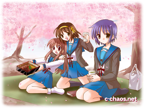 asahina_mikuru brown_hair c-chaos cardigan cherry_blossoms hanami nagato_yuki obentou school_uniform serafuku short_hair suzumiya_haruhi suzumiya_haruhi_no_yuuutsu tea