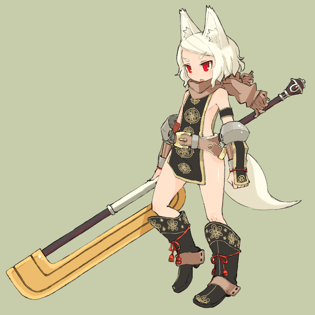 1girl animal_ears axe belt boots bottomless fantasy fox_ears fox_tail gauntlets huge_weapon mota naked_tabard no_panties original petite red_eyes scarf solo tabard tail weapon white_hair