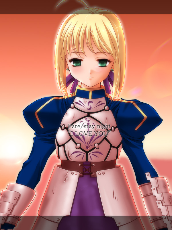 1girl ahoge armor armored_dress blonde_hair blue_dress bow braid copyright_name dress earrings english fate/stay_night fate_(series) gauntlets hair_bow jewelry lens_flare saber short_hair smile solo sunlight upper_body yoshida_inuhito