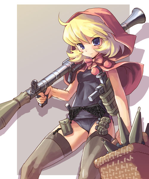 1girl basket bazooka blonde_hair blue_eyes bulleta capcom capelet explosive garter_belt grenade gun hood katahira_masashi one-piece_swimsuit rocket_launcher rpg rpg-7 school_swimsuit short_hair solo swimsuit thigh-highs vampire_(game) weapon