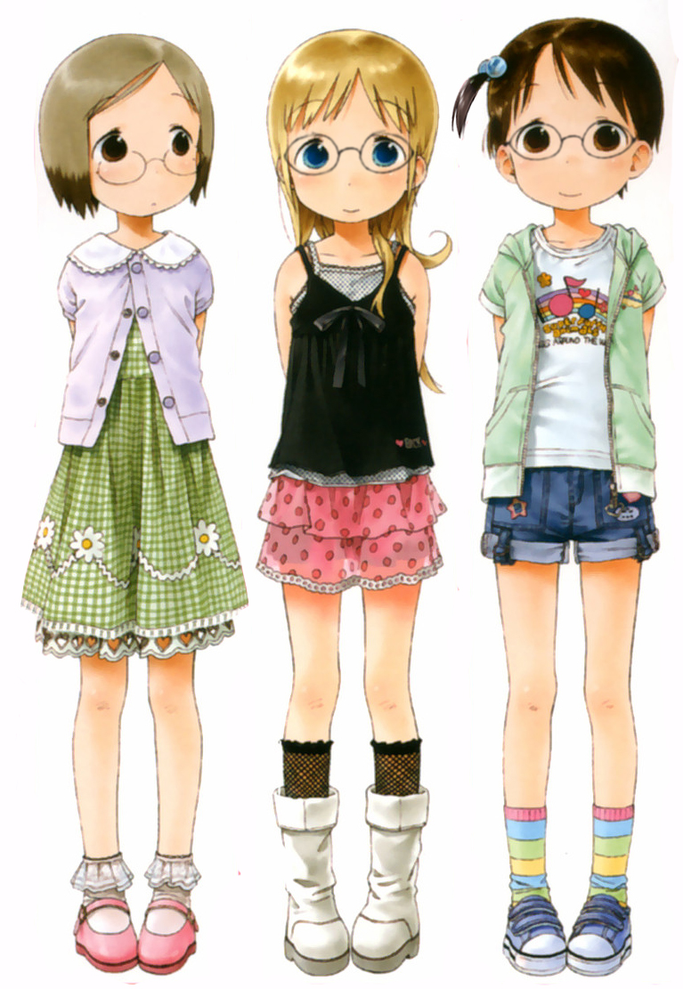 3girls ana_coppola arms_behind_back bangs barasui bespectacled black_bow black_hair black_legwear black_ribbon blonde_hair blue_shoes blue_shorts blush boots bow brown_hair buttons camisole casual child closed_mouth dress eyebrows eyebrows_visible_through_hair fishnet_legwear fishnets floral_print full_body glasses green_dress grey_hair heart heart_cutout hood hood_down hooded_jacket ichigo_mashimaro itou_chika jacket knee_boots kneehighs lace lace-trimmed_dress layered_skirt legs_apart long_hair looking_at_another looking_at_viewer multicolored_hair multicolored_legwear multiple_girls musical_note official_art one_side_up parted_bangs pigeon-toed pink_shoes pink_skirt plaid plaid_dress polka_dot print_dress print_shirt quaver rainbow ribbon sakuragi_matsuri shirt shoes short_hair short_sleeves shorts simple_background skirt sleeveless smile sneakers socks standing star star_print striped striped_legwear unbuttoned unzipped white_background white_boots white_legwear