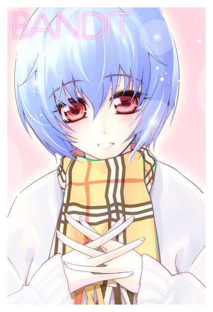 1girl :d ayanami_rei blue_hair coat face hair_between_eyes hands_together kawakami_shuuichi long_sleeves looking_at_viewer neon_genesis_evangelion open_mouth pink_background plaid plaid_scarf red_eyes scarf short_hair shu_(artist) simple_background smile solo teeth upper_body winter_clothes yellow_scarf