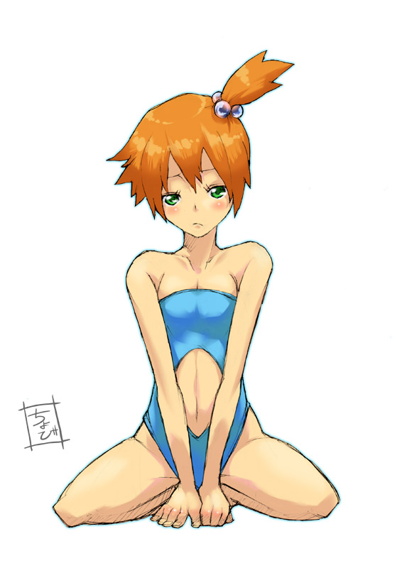 1girl alternate_costume bare_shoulders between_thighs blush breasts casual_one-piece_swimsuit cho_bi chobi_(pixiv148232) cleavage frown green_eyes gym_leader hair_bobbles hair_ornament kasumi_(pokemon) knees_apart_feet_together midriff navel navel_cutout one-piece_swimsuit orange_hair pokemon redhead sad short_hair side_ponytail simple_background solo spread_legs squatting swimsuit thighs v_arms waist_cutout white_background