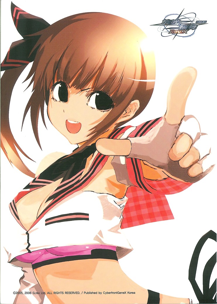 1girl baek_changpo black_eyes breasts brown_hair cleavage crop_top fingerless_gloves foreshortening gloves hair_ribbon happy korean midriff plaid pointing ponytail ribbon senkou_no_ronde side_ponytail small_breasts sogabe_shuuji solo takayama_mizuki