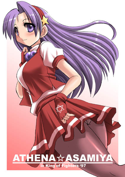 1girl asamiya_athena blush character_name copyright_name gloves hair_ornament hairband hexagram jewelry king_of_fighters king_of_fighters_97 necklace panties panties_under_pantyhose pantyhose pantyshot purple_hair skirt snk solo star star_hair_ornament the_king_of_fighters the_king_of_fighters_'97 thigh-highs tonpuu underwear upskirt violet_eyes