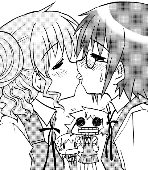 4girls blush chibi_inset closed_eyes french_kiss hidamari_sketch hiro kairakuen_umenoka kiss miyako monochrome multiple_girls open_mouth sae school_uniform solid_circle_eyes surprised sweat teeth tongue wide_face yuno yuri ||_||