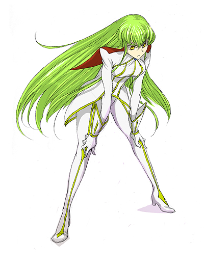 1girl :&lt; bodysuit c.c. cape code_geass female frown full_body gloves green_hair high_heels leaning_forward long_hair pilot_suit shoes simple_background solo striped uniform very_long_hair yellow_eyes