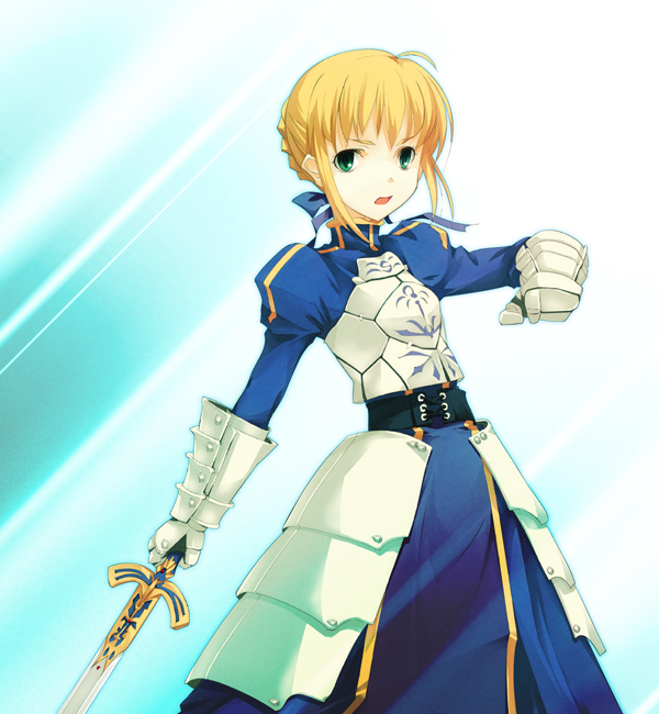 1girl ahoge armor armored_dress bangs blonde_hair braid breastplate clenched_hand dasoku_sentarou dress fate/stay_night fate_(series) french_braid gauntlets green_eyes juliet_sleeves long_sleeves looking_at_viewer puffy_sleeves ribbon saber solo sword weapon