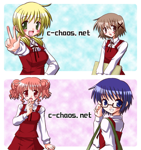 4girls :d bag blonde_hair blue_eyes blue_hair blush brown_eyes brown_hair c-chaos double_bun female glasses hair_ornament hairclip hidamari_sketch hiro looking_at_viewer miyako multiple_girls open_mouth pink_hair red_eyes redhead sae school_uniform short_hair sketchbook skirt smile v yellow_eyes yuno