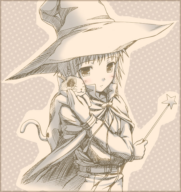 1girl cat monochrome nagato_yuki nomura_teruya sepia shamisen_(suzumiya_haruhi) solo suzumiya_haruhi_no_yuuutsu wand witch