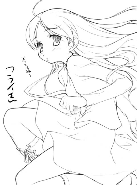1girl ahoge aoi_kumiko blush boots copyright_request female from_side jacket kneehighs long_hair long_sleeves looking_at_viewer looking_to_the_side monochrome simple_background skirt solo text translation_request very_long_hair white_background