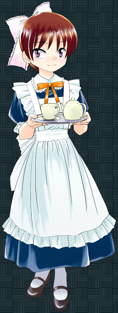 1girl apron blue_dress bow brown_hair cup dress fang frilled_apron frilled_bow frilled_shirt_collar frilled_sleeves frills full_body gegege_no_kitarou hair_bow holding holding_tray long_dress maid maid_apron mary_janes neck_ribbon nekomusume pantyhose pink_bow puffy_short_sleeves puffy_sleeves ribbon sentape shoes short_hair short_sleeves smile solo standing teacup teapot touei tray violet_eyes white_legwear