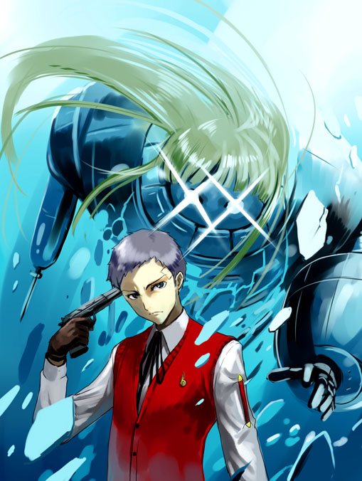 1boy adachi_yousuke atlus evoker gun male_focus persona persona_3 polydeuces sanada_akihiko school_uniform serafuku weapon