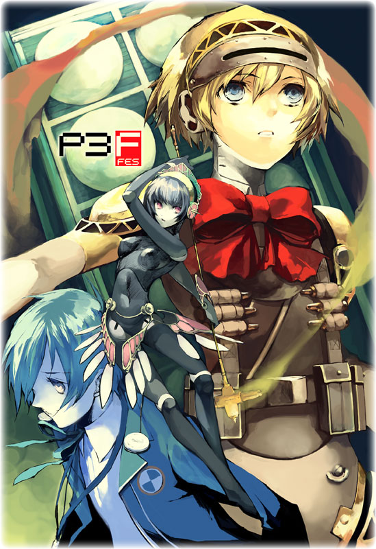 aegis aegis_(persona) android arisato_minato atlus black_hair blonde_hair blue_eyes blue_hair bow digital_media_player metis persona persona_3 red_eyes ribbon school_uniform serafuku weapon yuuki_makoto