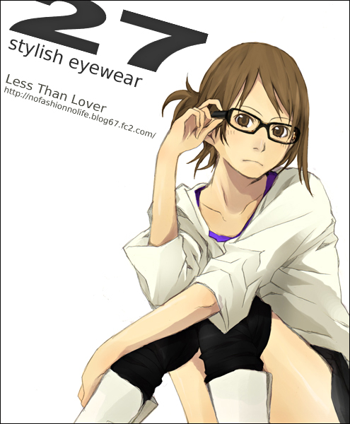 1girl black_legwear brown_eyes brown_hair collarbone folded_ponytail glasses long_sleeves looking_at_viewer original over-kneehighs short_hair simple_background sitting solo thigh-highs thighs white_background yoshito