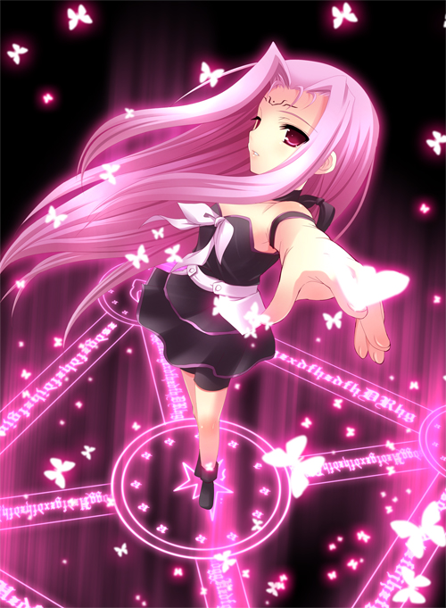 1girl armpits bare_shoulders black_dress butterfly collarbone dress facial_mark forehead_mark foreshortening glowing insect layered_dress long_hair looking_at_viewer lutecia lutecia_alpine lyrical_nanoha magic magic_circle magical_girl mahou_shoujo_lyrical_nanoha mahou_shoujo_lyrical_nanoha_strikers outstretched_arm pink_hair red_eyes solo standing very_long_hair yukizuki_chikuba