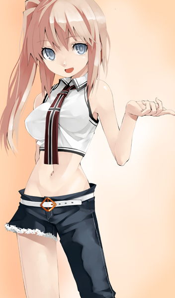 1girl :d asymmetrical_clothes asymmetrical_legwear bare_arms bare_shoulders belt blonde_hair blue_eyes breasts gradient gradient_background grey_eyes looking_at_viewer midriff murata_taichi navel necktie open_mouth original shorts side_ponytail simple_background single_pantsleg sleeveless smile solo torn_clothes