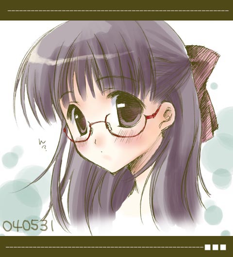 1girl blush bow brown_bow brown_eyes expressionless eyebrows eyebrows_visible_through_hair glasses hair_bow half_updo long_hair looking_at_viewer purple_hair red-framed_eyewear red-framed_glasses ryouka_(suzuya) semi-rimless_glasses solo under-rim_glasses upper_body