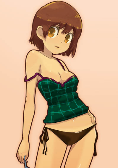 1girl breasts brown_hair panties side-tie_panties solo strap_slip ukke underwear