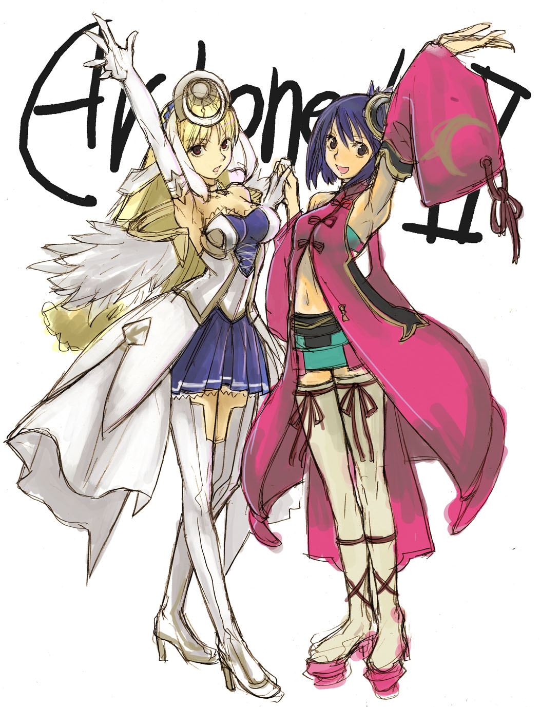 2girls angel_wings ar_tonelico ar_tonelico_ii armpits arms_up black_eyes blonde_hair blue_hair boots chroche_latel_pastalie elbow_gloves gloves gust hair_ornament high_heels highres long_hair luca_truelywaath midriff miniskirt multiple_girls platform_footwear ribbon shoe_ribbon shoes short_hair sketch skirt tetsu_(kimuchi) thigh-highs thigh_boots violet_eyes wide_sleeves wings