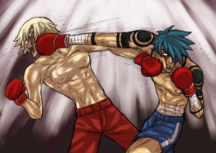 2boys aizawa_yoshihiko ashita_no_joe boxing crosscounter kamina male_focus multiple_boys parody punching sarashi shirtless shorts tattoo tengen_toppa_gurren_lagann viral