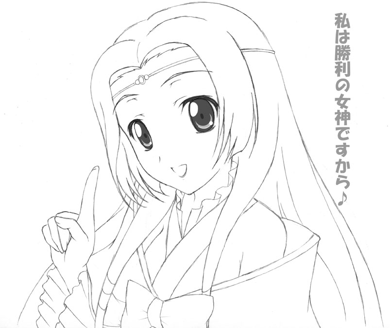 1girl :d bare_shoulders bow bowtie circlet code_geass dress index_finger_raised lineart long_hair long_sleeves looking_at_viewer monochrome open_mouth rodori_gesu smile solo sumeragi_kaguya text very_long_hair