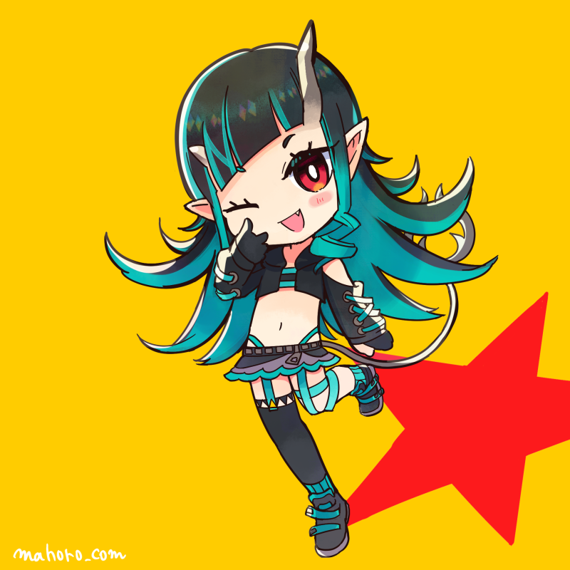 1girl aura_(a440) bangs belt beltbra black_footwear black_gloves black_hair black_jacket black_legwear black_skirt blue_belt blue_hair blue_legwear blunt_bangs blush chest_belt chibi clothing_cutout commentary_request cropped_jacket cross-laced_sleeves demon_girl demon_horns demon_tail fang flat_chest full_body garter_straps gloves grey_skirt horns jacket layered_skirt leg_up long_hair long_sleeves looking_at_viewer midriff multicolored_hair navel one_eye_closed open_clothes open_jacket open_mouth partially_fingerless_gloves pointy_ears red_eyes red_star shishio_chris shoes shoulder_cutout single_thighhigh skirt smile sneakers socks solo star_(symbol) sugar_lyric tail thigh-highs two-tone_hair yellow_background zipper_skirt