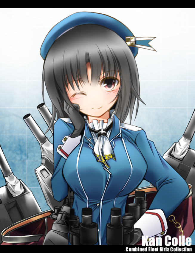 1girl arm_under_breasts bangs beret black_gloves black_hair blue_headwear breasts closed_mouth gloves grey_background hat high_collar highres kantai_collection koneko_(pixiv1838353) large_breasts military military_uniform red_eyes short_hair takao_(kantai_collection) uniform white_neckwear