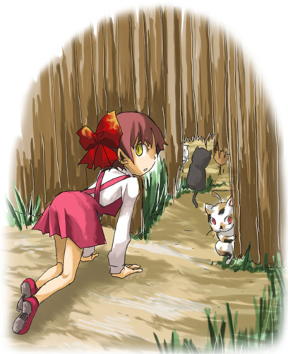 1girl all_fours araki_fuu black_cat bow cat dress fence gegege_no_kitarou grass hair_bow long_sleeves looking_at_viewer looking_back lowres nekomusume open_mouth redhead shoes short_hair solo touei yellow_eyes