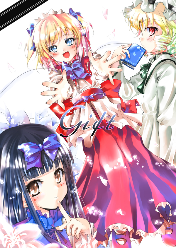 3girls bangs black_hair blonde_hair blue_eyes blunt_bangs blush bow brown_eyes english female finger_to_mouth gift hair_bow looking_at_viewer luna_child multiple_girls perfect_memento_in_strict_sense red_eyes ribbon sash sho_(runatic_moon) star_sapphire sunny_milk touhou twintails wings