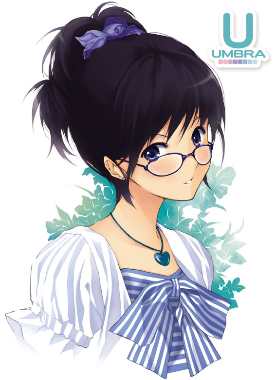 black_hair blue_eyes bow glasses jewelry necklace original ponytail wakatsuki_sana