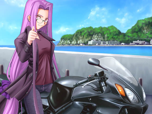 1girl fate/stay_night fate_(series) glasses ground_vehicle long_hair looking_at_viewer motor_vehicle motorcycle photoshop pink_eyes pink_hair ponytail rider sky solo vehicle very_long_hair