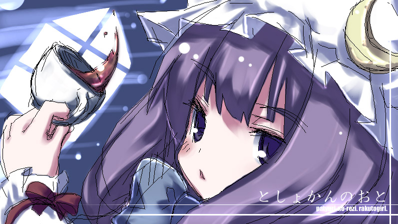 1girl blush close-up crescent crescent_hair_ornament cup female gozen_shinshi hair_ornament hat holding holding_cup mob_cap patchouli_knowledge purple_hair red_ribbon ribbon solo tea teacup touhou violet_eyes