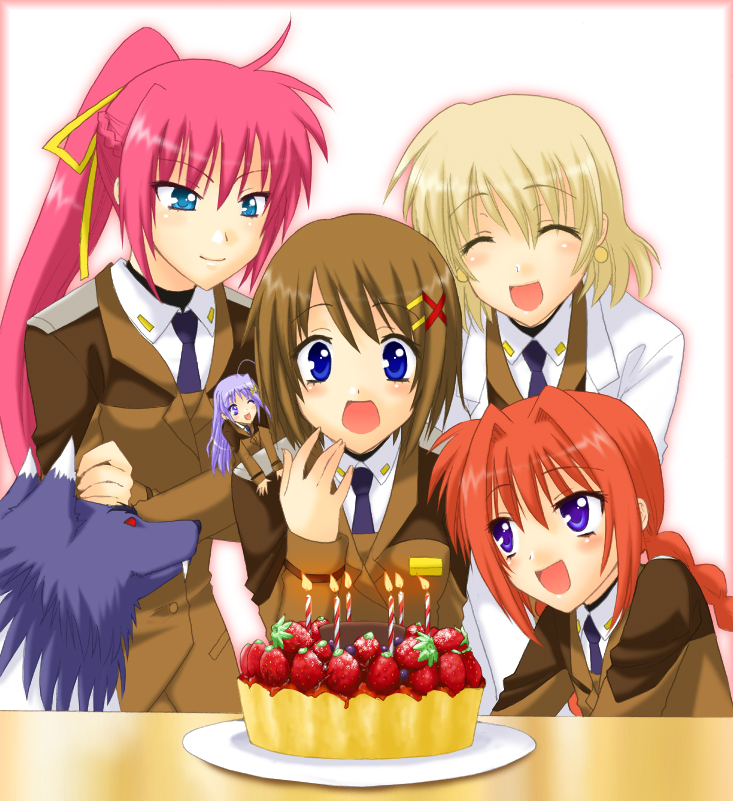 5girls ahoge blonde_hair blue_eyes blush braid brown_hair cake candle closed_eyes food fruit hair_ornament long_hair lyrical_nanoha mahou_shoujo_lyrical_nanoha mahou_shoujo_lyrical_nanoha_strikers military military_uniform minigirl multiple_girls necktie one_eye_closed open_mouth pastry pink_hair plate ponytail reinforce_zwei saki_chisuzu shamal signum strawberry twin_braids uniform very_long_hair violet_eyes vita yagami_hayate zafira