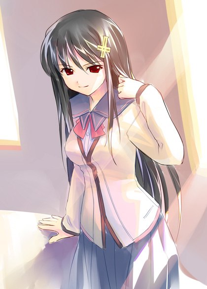 asakura_naoko black_hair cross kono_aozora_ni_yakusoku_wo long_hair red_eyes school_uniform serafuku takoyaki_(roast)