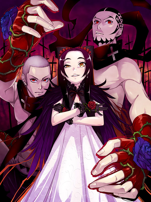 1girl 2boys arm_up benimura_karu black_gloves black_hair blue_rose bow cross crossed_arms dress feather_boa fingerless_gloves flower gloves hair_bow karukaru long_hair looking_at_viewer multiple_boys original pants parted_lips plant purple_hair red_eyes red_gloves red_rose rose scarf short_hair smile vines white_dress yellow_eyes