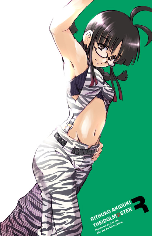 1girl ahoge akizuki_ritsuko antenna_hair armpits bare_shoulders belt braid brown_eyes brown_hair buckle center_opening cool_&amp;_sexy_(idolmaster) dutch_angle engrish glasses hand_on_hip idolmaster looking_at_viewer marionette_online midriff navel pants ranguage revealing_clothes satomura_kyou short_twintails simple_background sleeveless solo sports_bra stomach twintails two-tone_background walking