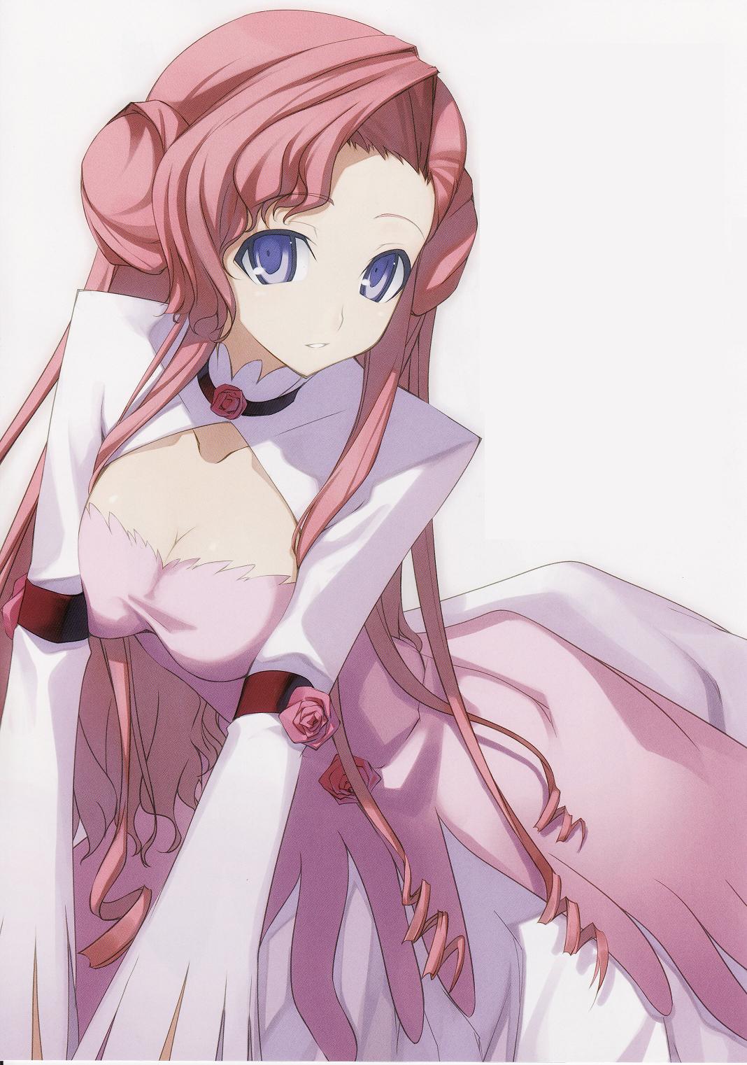 1girl :d arched_back armband bangs blue_eyes breast_press breast_squeeze breasts choker cleavage cleavage_cutout code_geass collarbone double_bun dress drill_hair euphemia_li_britannia flower grin highres large_breasts leaning_forward long_hair looking_at_viewer open_mouth pink_hair rose scan scan_artifacts shirt sidelocks simple_background smile solo swept_bangs taut_clothes taut_shirt turtleneck very_long_hair wavy_hair white_background wide_sleeves