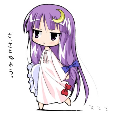 1girl :&lt; chibi crescent crescent_hair_ornament female flat_gaze hair_ornament hat hat_removed headwear_removed holding holding_hat long_hair lowres mizuno_kurage nightgown no_hat no_headwear patchouli_knowledge purple_hair ribbon solo touhou translated violet_eyes