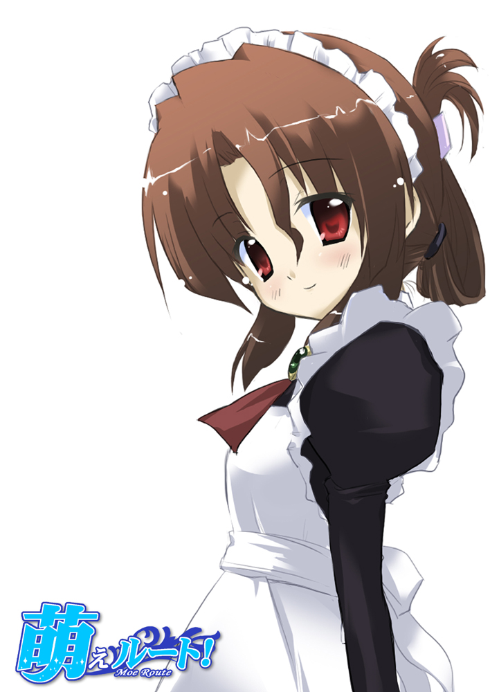 1girl apron brown_hair cravat folded_ponytail from_side hair_ornament hairclip hayate_no_gotoku! juliet_sleeves long_sleeves looking_at_viewer maid maid_apron maid_headdress maria_(hayate_no_gotoku!) minase_shuu puffy_sleeves red_eyes scrunchie smile solo white_background