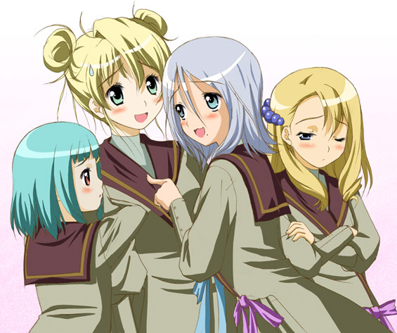 4girls aeru arm_grab blonde_hair blue_eyes blush chisato_(missing_park) crossed_arms green_eyes green_hair hair_ornament leaning_forward long_hair morinas multiple_girls red_eyes ribbon rimone school_uniform short_hair silver_hair simoun simple_background sweatdrop turtleneck wince yun_(simoun)