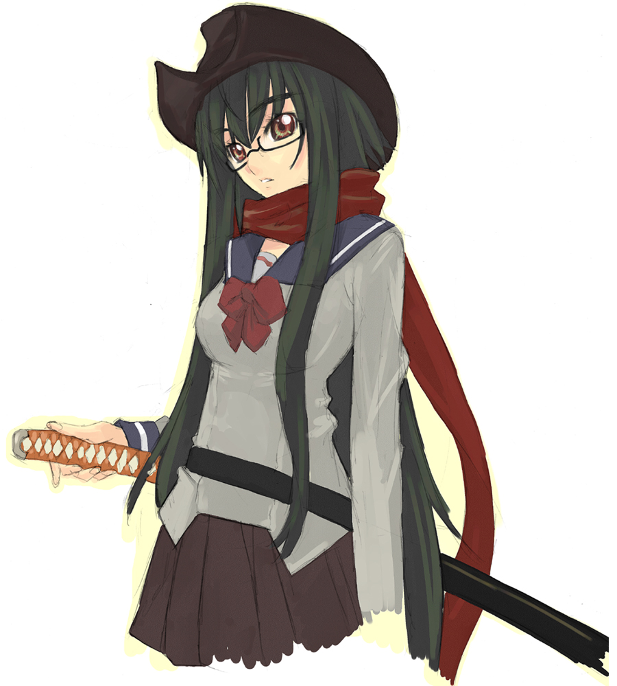 glasses hat katana nagy scarf school_uniform serafuku sword weapon