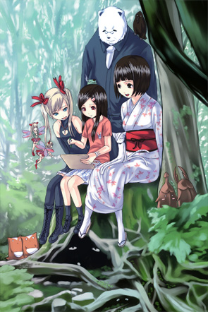 1boy 3girls :d bangs bare_shoulders black_boots black_hair black_legwear blonde_hair blunt_bangs boots braid cleavage_cutout crescent forest full_body glasses japanese_clothes kimono long_hair long_sleeves looking_down lowres miniskirt multiple_girls nature obi open_mouth original outdoors plant red_ribbon ribbon sandals sash shirt short_hair short_sleeves single_braid sitting skirt sleeveless sleeveless_shirt smile socks standing t-shirt tabi thigh-highs tomihero tree twintails white_legwear wide_sleeves